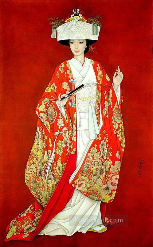 Feng cj Chinese girl in red Oil Paintings